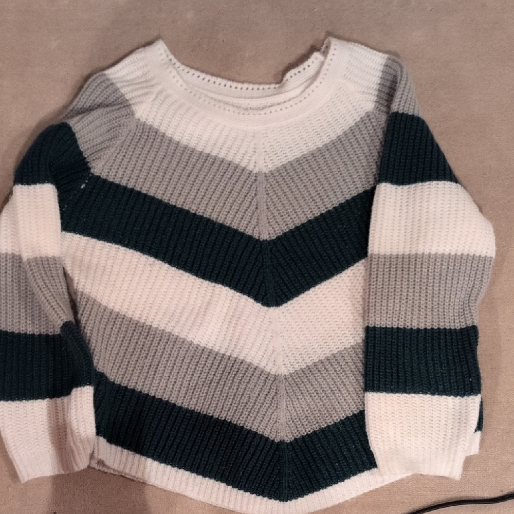 Striped Dark Green and White Women's Sweater
